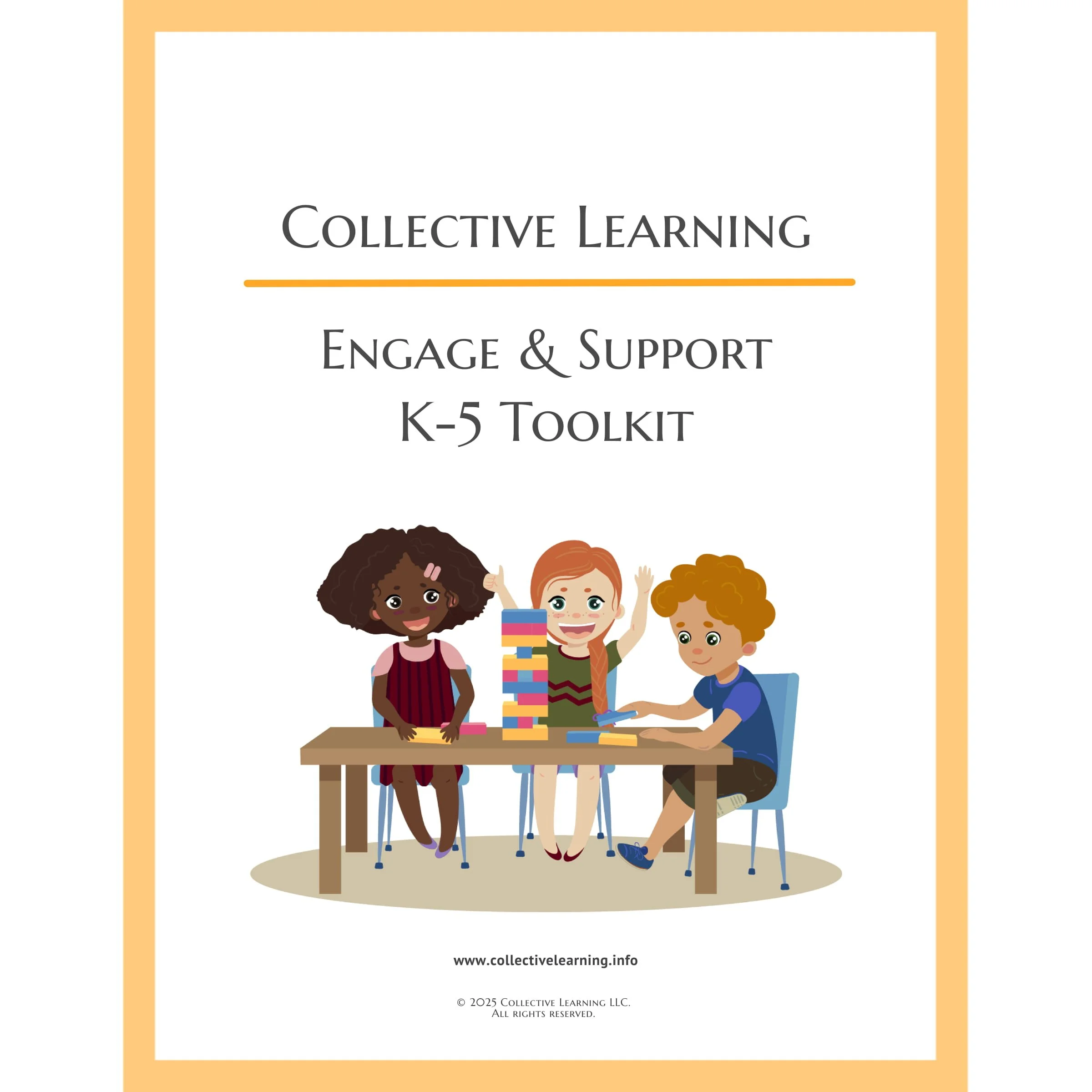 Cover page of an e-book titled "Collective Learning Engage & Support K-5 Toolkit" with an illustration of three children playing games and building blocks at a table.