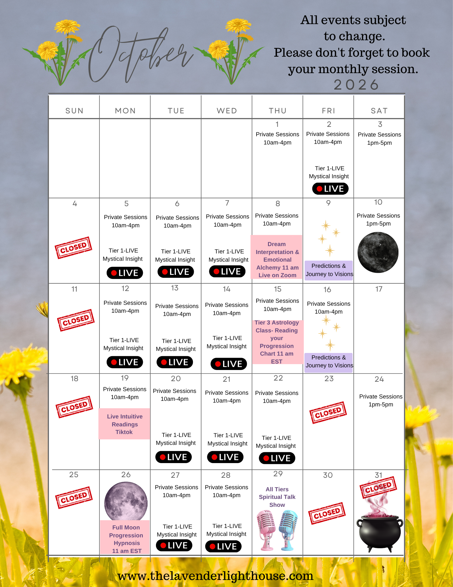 October 2026 calendar with various events, private sessions, live streams marked with red 'LIVE' icons, and some events like full moon hypnosis, tarot classes, and spiritual talk shows. The background has yellow flowers and a website address at the bottom.