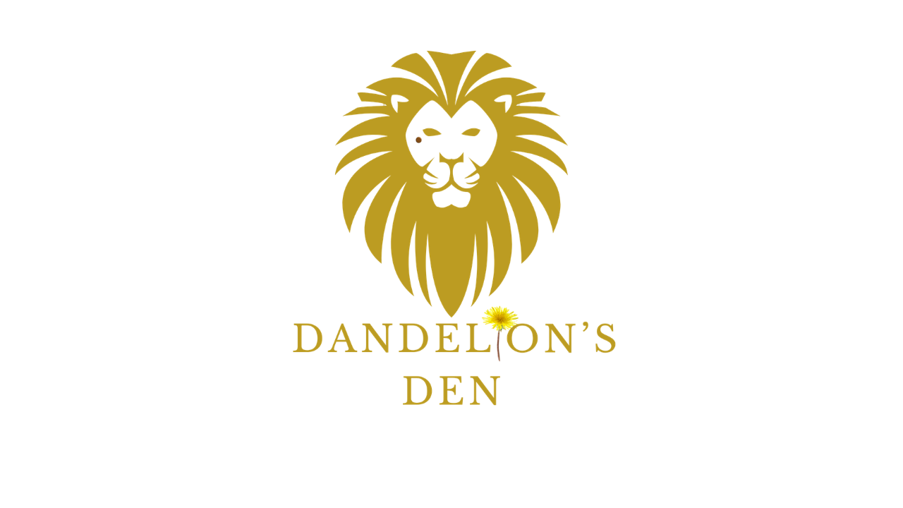 Gold lion head logo above the text "Dandelon's Den," with the letter 'I' replaced by a dandelion flower.