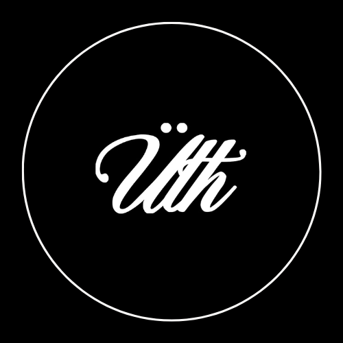 White handwritten style text reading 'Üth' inside a white circle on a black background.