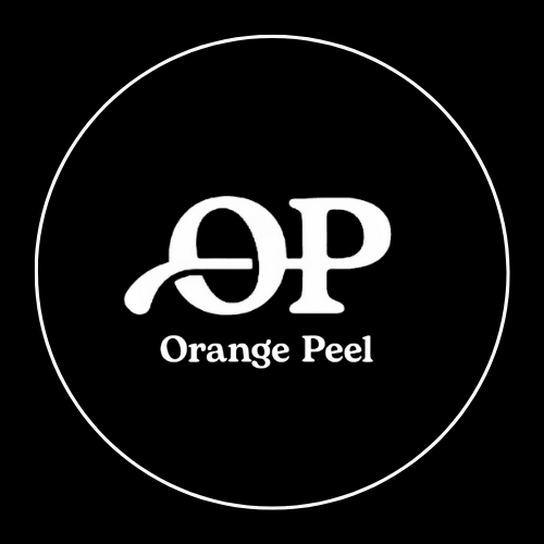 Black circular logo with white stylized initials 'OP' and the text 'Orange Peel' underneath.