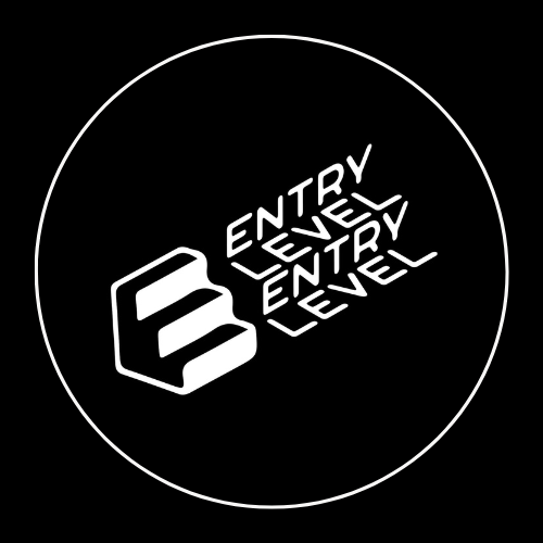 A black circular sign with a white staircase icon and the words 'Entry Level' repeated three times in a diagonal pattern.