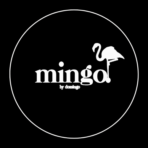 Logo with the word 'mingo' and a flamingo illustration on a black background.
