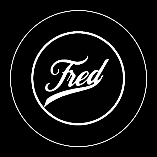 Black background with a white circular logo that says 'Fred' in cursive font, encircled by two concentric rings.