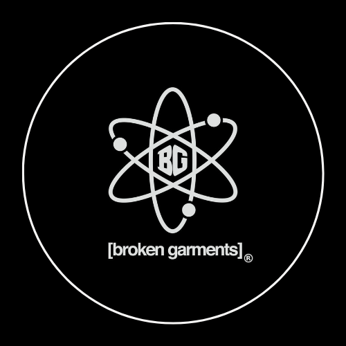 Logo with atomic model and the words "broken garments" on a black background.