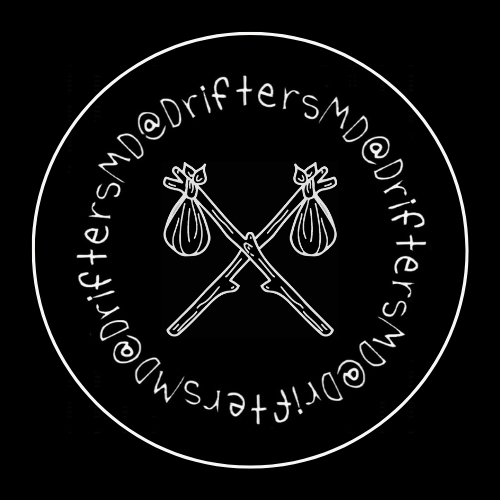 A circular logo with the Instagram handle '@driftersmd' repeated around the perimeter. Inside the circle, two crossed arrows with tied ends are depicted.