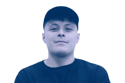 Portrait of a young man with short dark hair, wearing a dark shirt, against a background with horizontal lines.