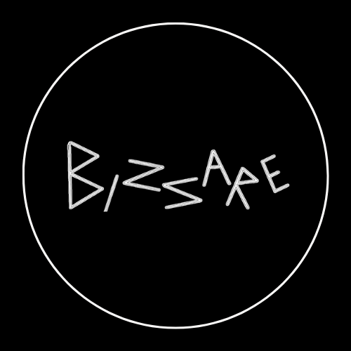 Sign with the text 'BizzaARE' written in stylized white letters on a black background, enclosed in a white circle.