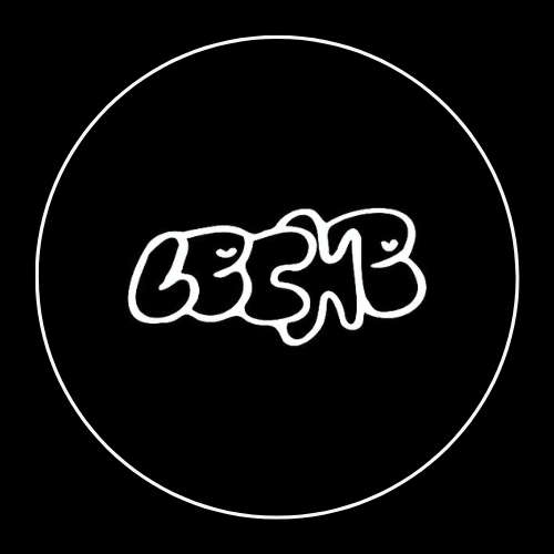 White graffiti-style text in a circle on a black background.