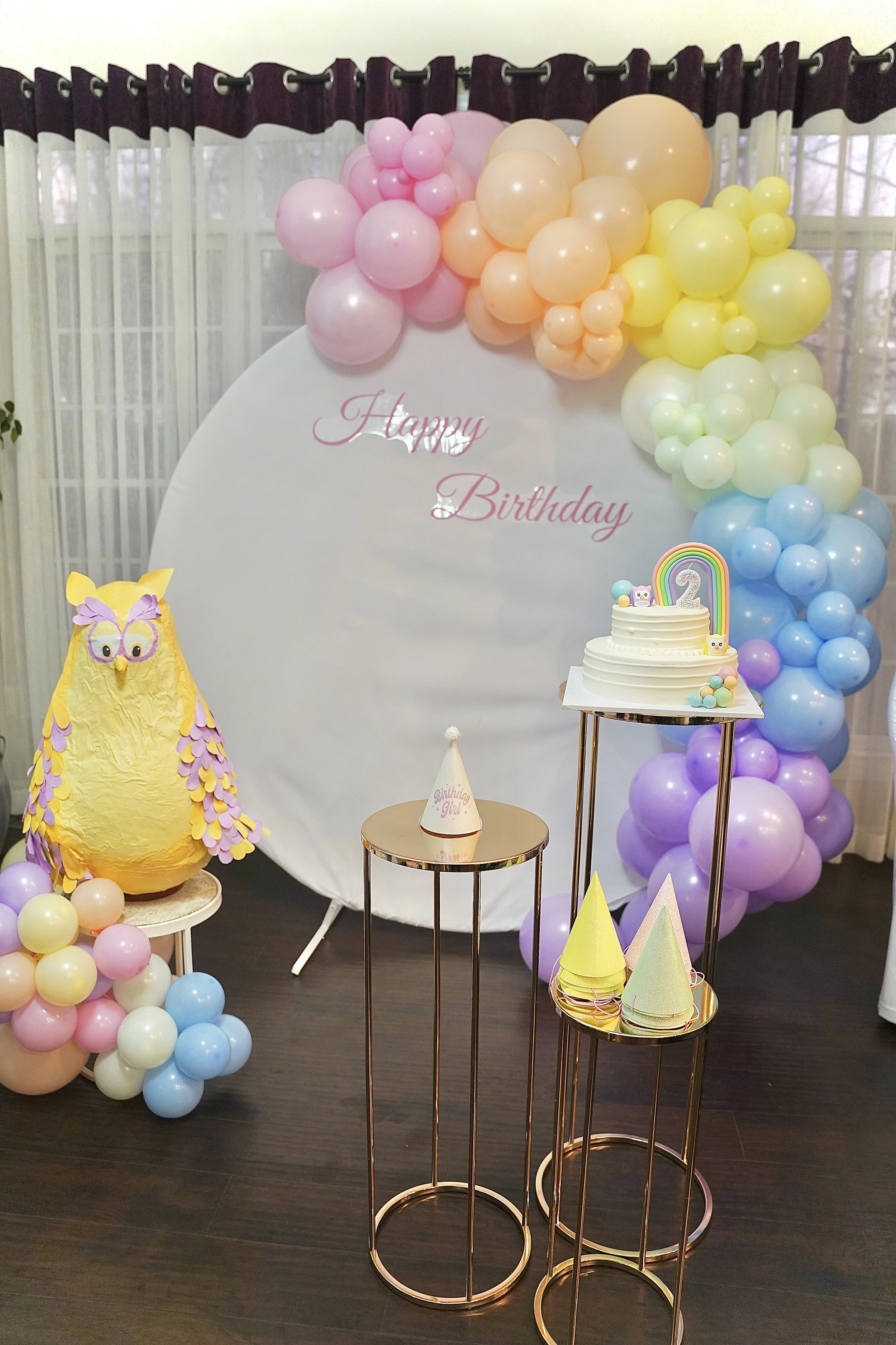 kids-birthday-owl-rainbow-theme-birthday cake-pastel balloons-kids-activity-personalized celebrations-design-rainbow -theme
