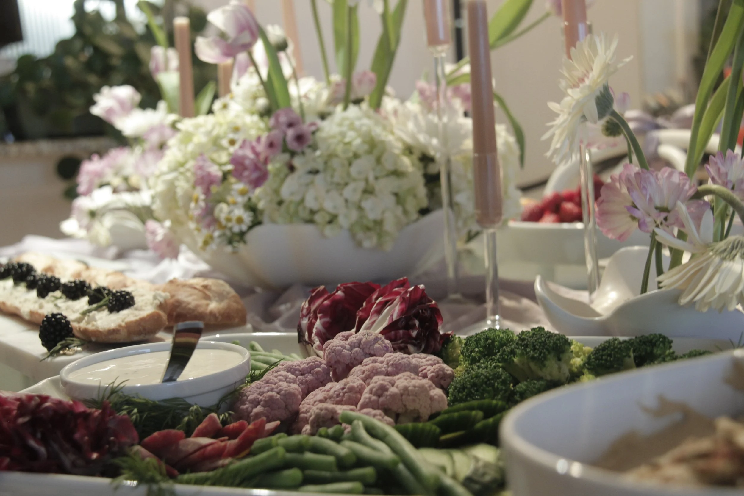 birthday-flower design-personalized celebrations-appetizer table design-purple-burgundy-theme-bloom-birthday-theme-elegant design-vegetable palter design 