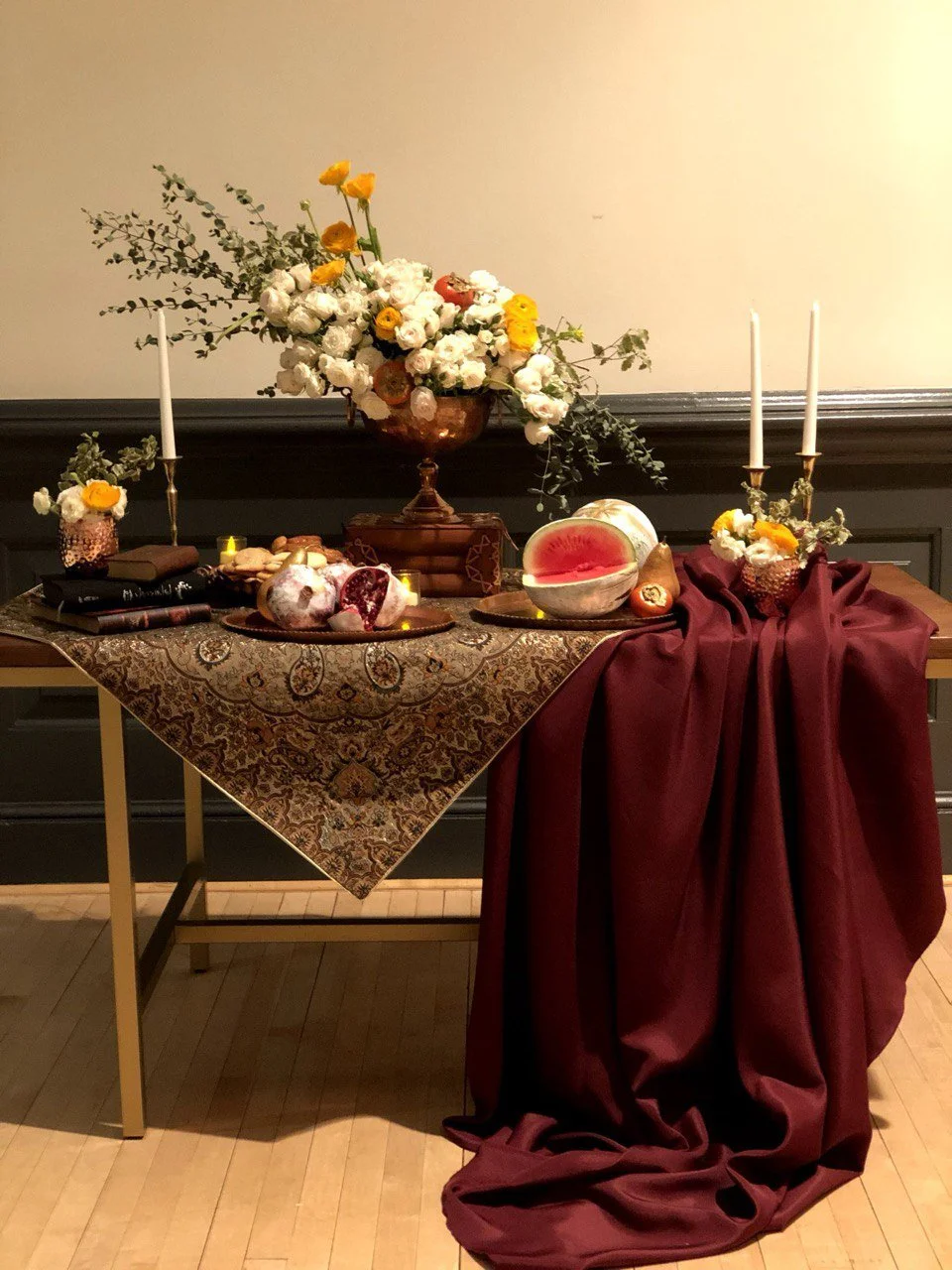 flower design-Yalda Table design-timeless design- personalized design- burgundy and purple flower-seasonal decoration
