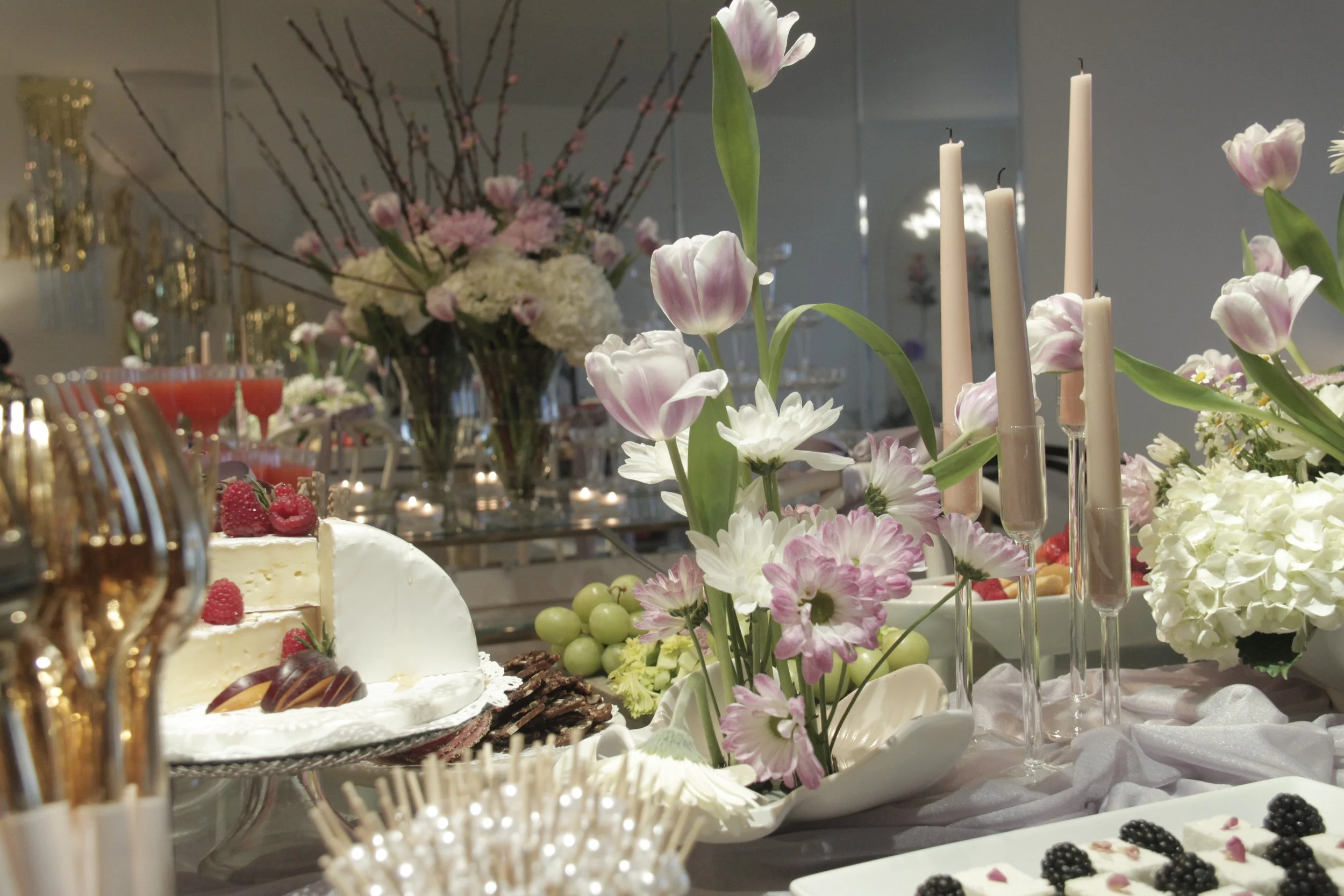 birthday-flower design-personalized celebrations-appetizer table design-purple-burgundy-theme-bloom-birthday-theme-elegant design-chess tower- chessboard