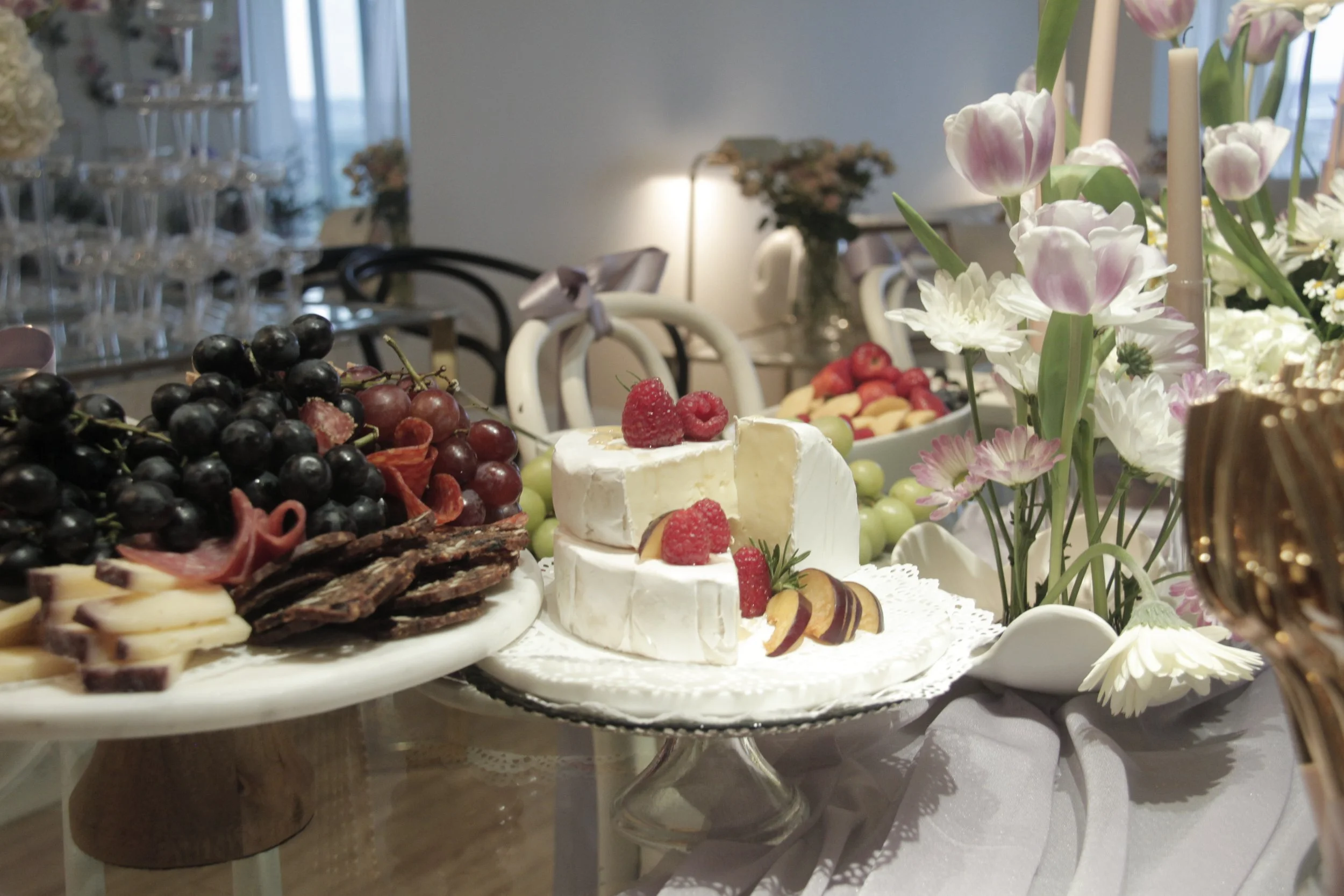 birthday-flower design-personalized celebrations-appetizer table design-purple-burgundy-theme-bloom-birthday-theme-elegant design-chess tower- chessboard