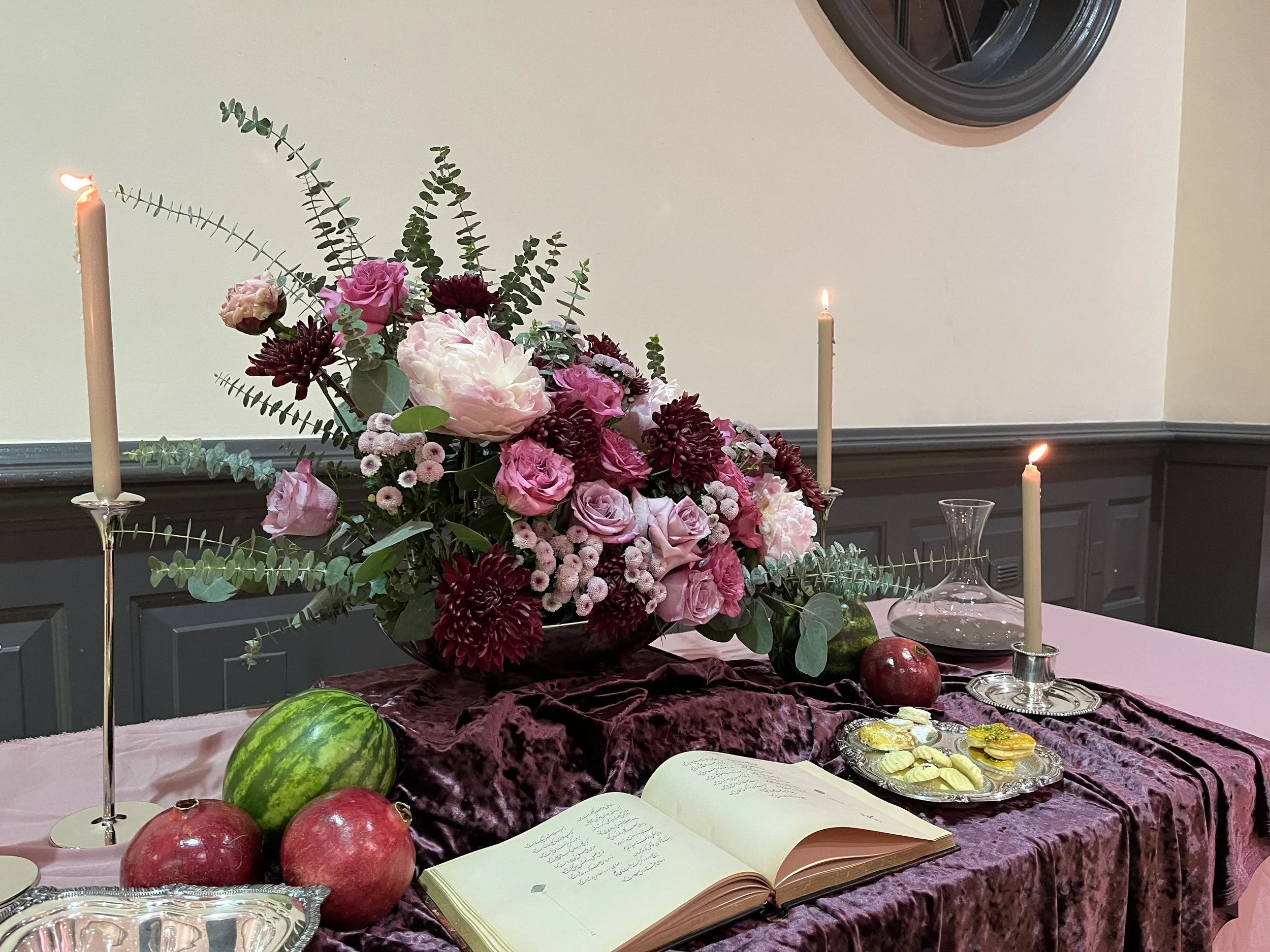 flower design-Yalda Table design-timeless design- personalized design- burgundy and purple flower-seasonal decoration