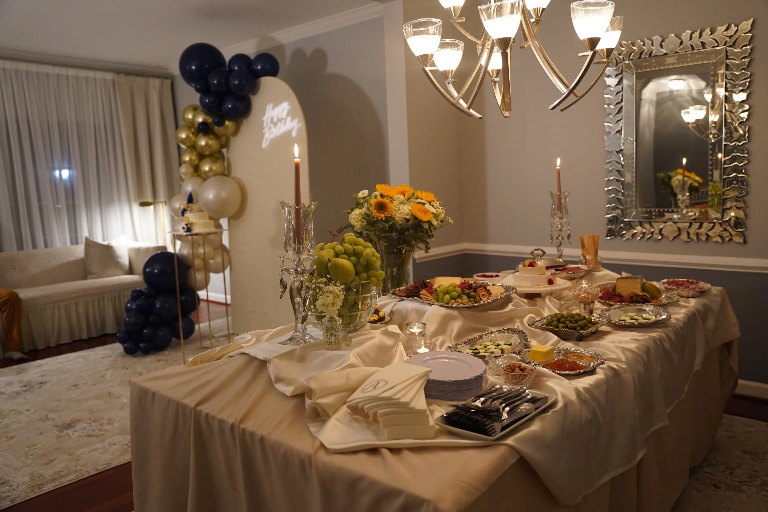 navy blue-gold-theme-birthday-party-birthday cake-guitar-classic-timeless-backdrop-balloons decoration-event-event planner-classic appetizer table design-2025appetizer table design-silver-timeless-flower design-elegant table decoration
