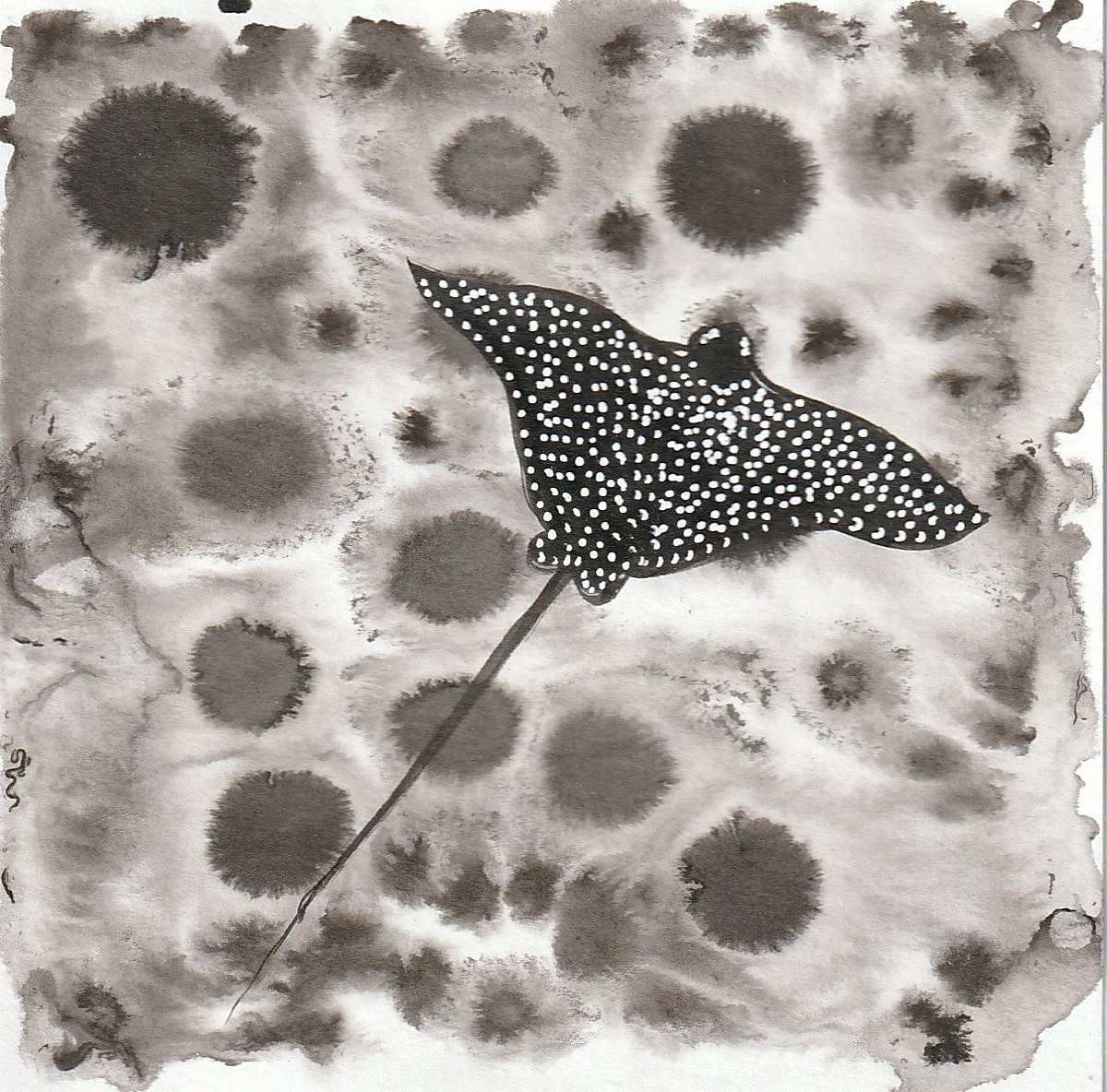 A black and white watercolor painting of a stingray with white spots on its wings, perched on a thin branch against a background of large, soft watercolor circles.