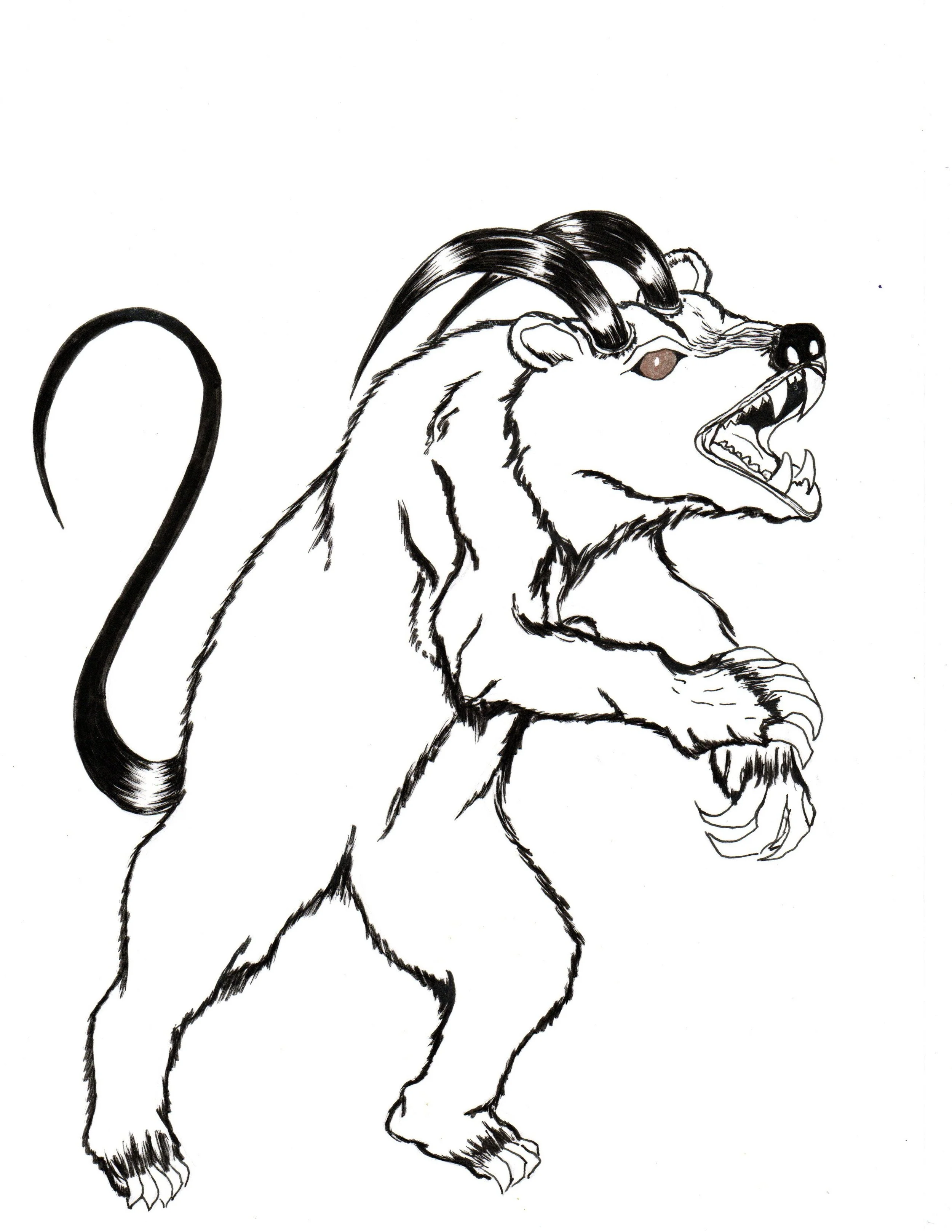 A black and white line drawing of a mythical creature with the body of a bear, horns on its head, and a tail.