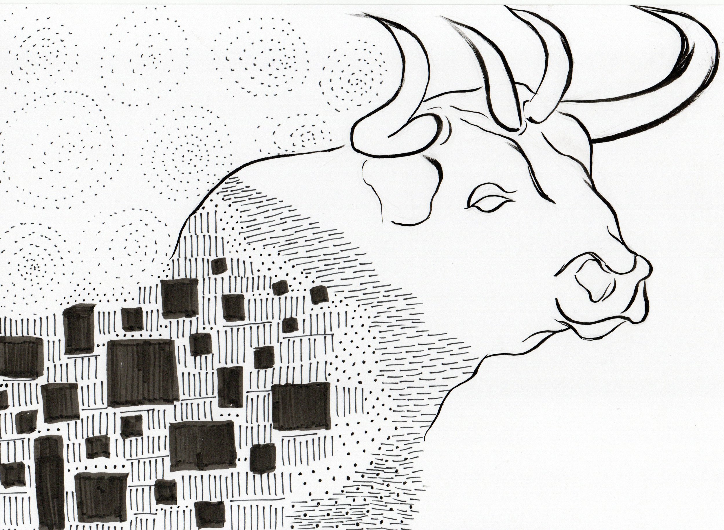 A black and white artistic drawing of a buffalo's head with large curved horns. The body of the buffalo is represented with patterned squares and lines, creating a pixelated and textured effect. The background features swirling dot patterns.