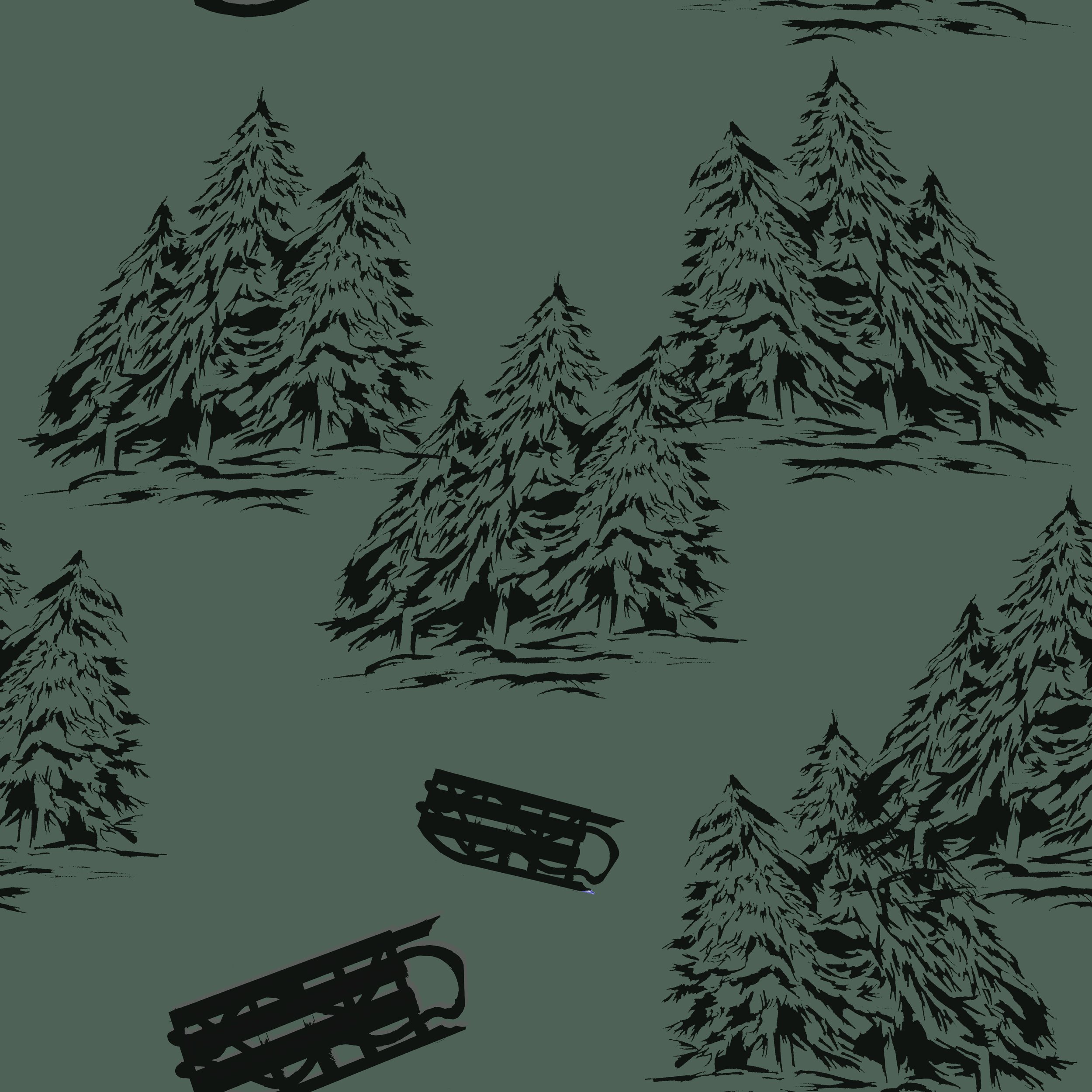 Illustrated pattern with pine trees and sleds on a green background