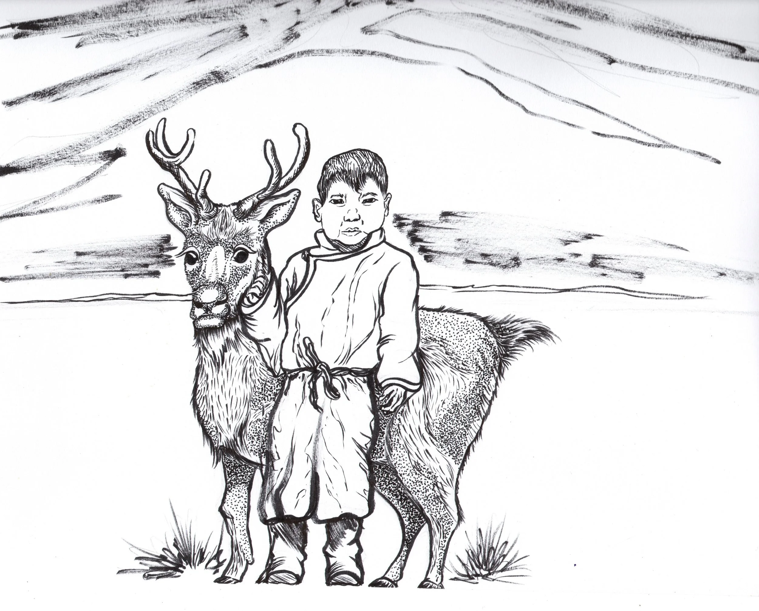 A young boy standing next to a reindeer in an outdoor landscape with mountains in the background.