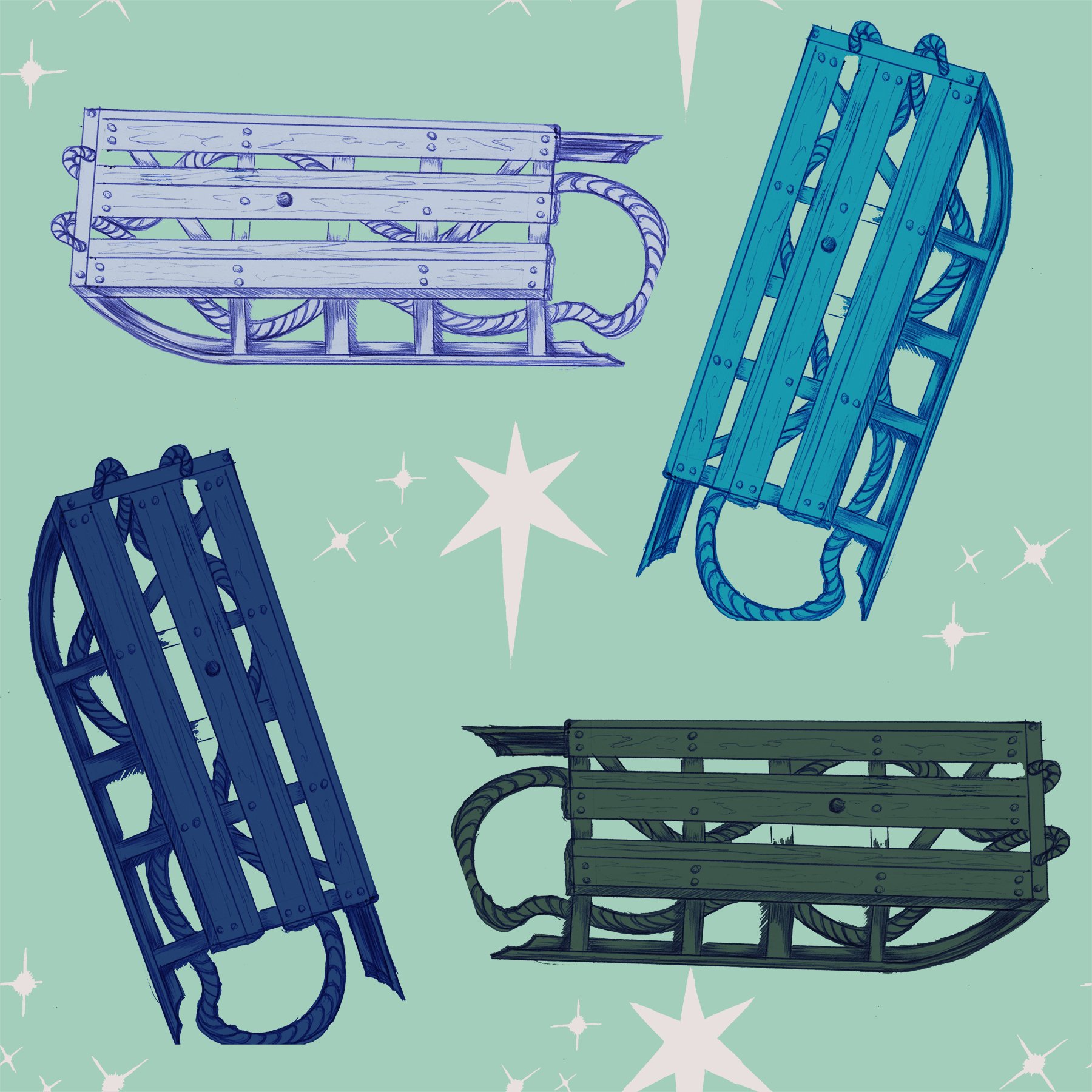 Illustration of four colorful wooden sleds on a light green background with white star shapes.