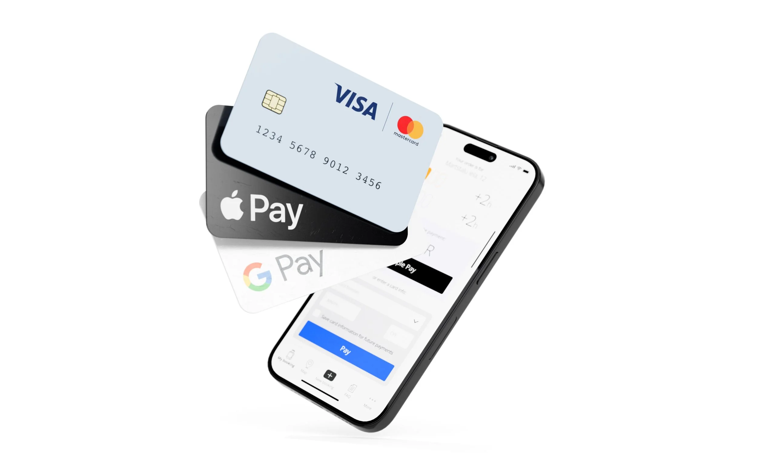 Digital illustration of a smartphone displaying a payment app, with overlaid credit cards from Visa, Mastercard, Apple Pay, and Google Pay.