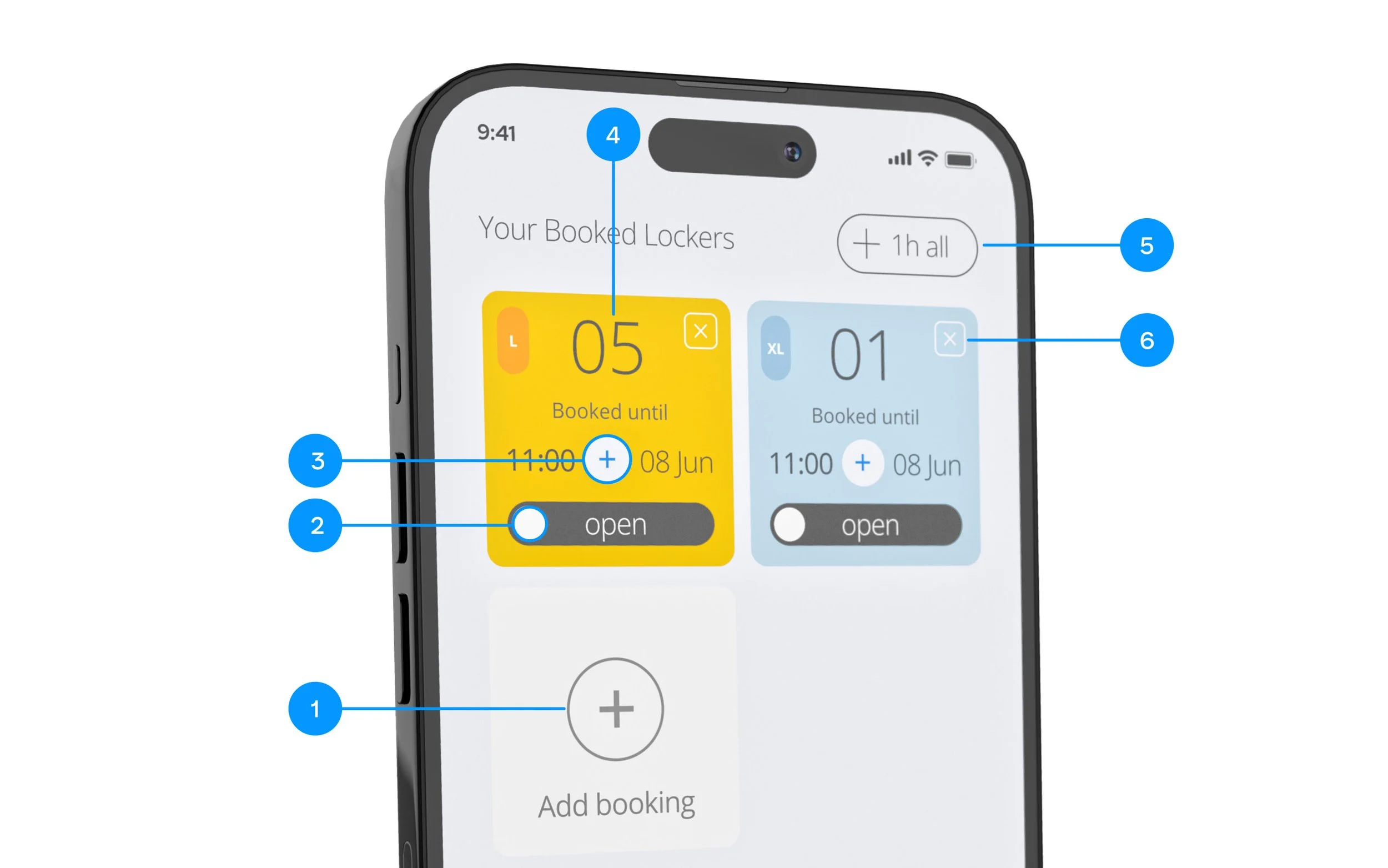 Smartphone screen displaying a booking app for lockers with options to add, extend, and toggle open status for each locker.