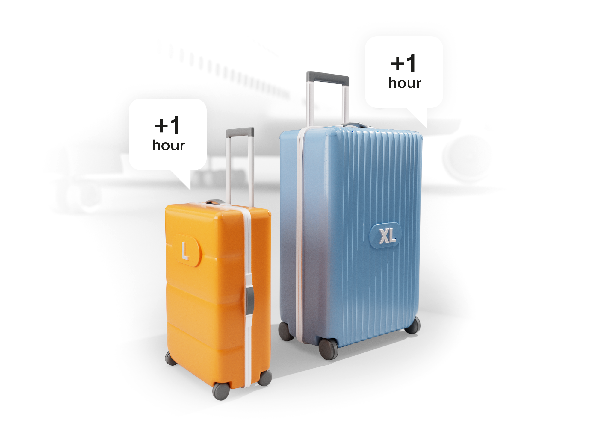 Two colorful suitcases, one small orange with an 'L' label and one large blue with an 'XL' label, standing on a white background with a blurred airplane in the background. Speech bubbles indicate an increase of one hour for each suitcase.