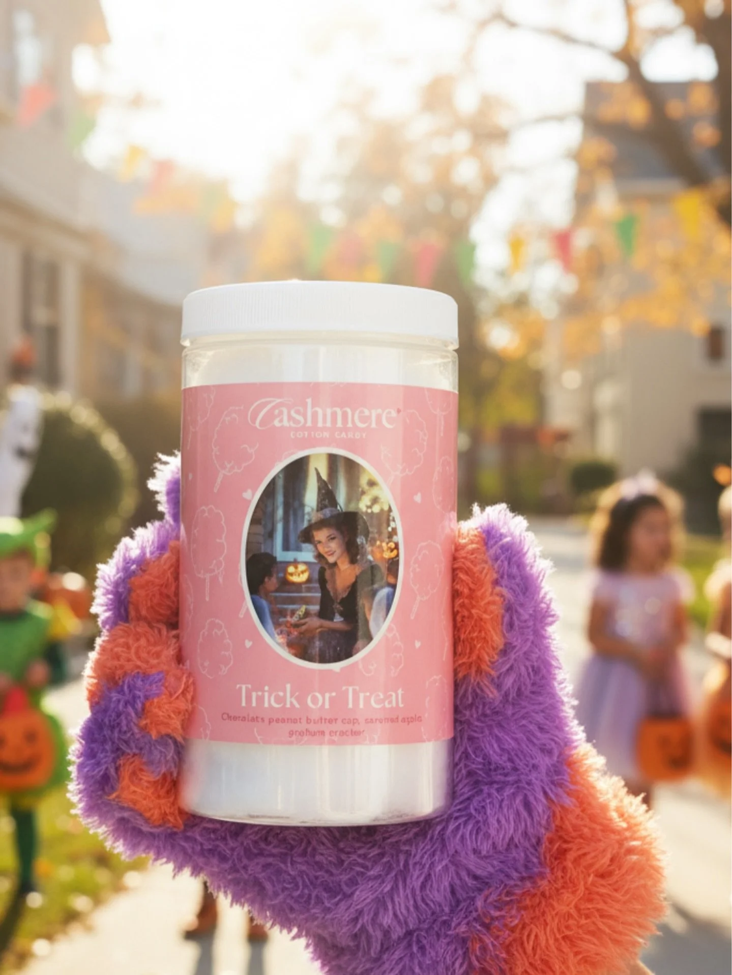 A handful of nostalgia, a jar full of magic. ✨
The flavors of peanut butter cup, caramel apple, and graham cracker combine for a playful cotton candy treat that&rsquo;ll transport you back to crisp Halloween nights and candy-filled pillowcases. 🍬🎃 