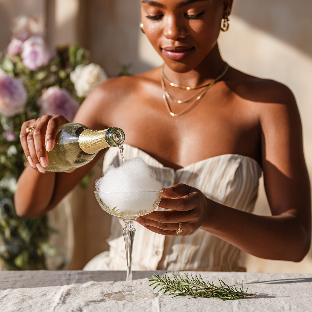 Making a champagne cocktail with gourmet cotton candy