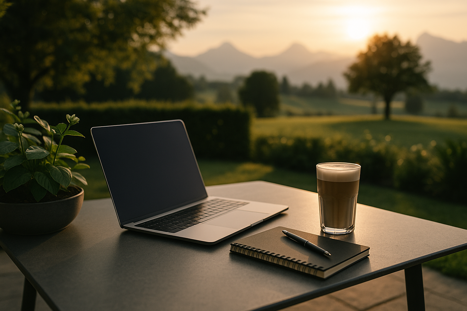 Laptop, Notizbuch und Kaffee auf einem Tisch im Freien mit Sonnenuntergang im Hintergrund.