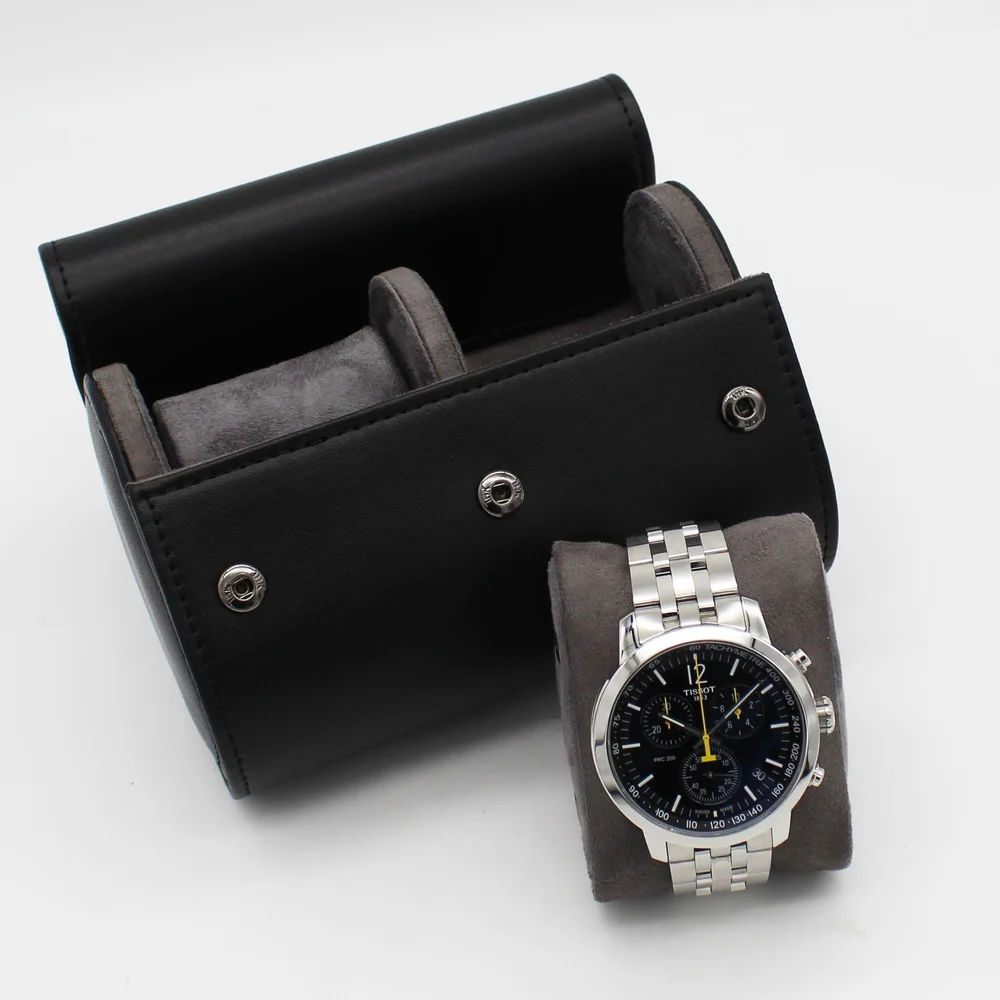 Personalised Slot Watch Roll Travel Case PU Leather Black and Grey — 