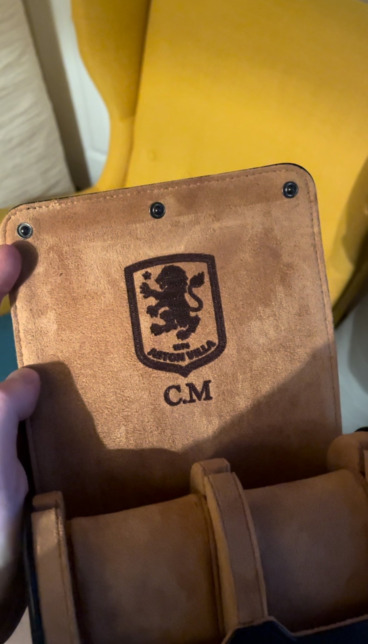 Leather case with embossed Aston Villa logo and initials C.M.