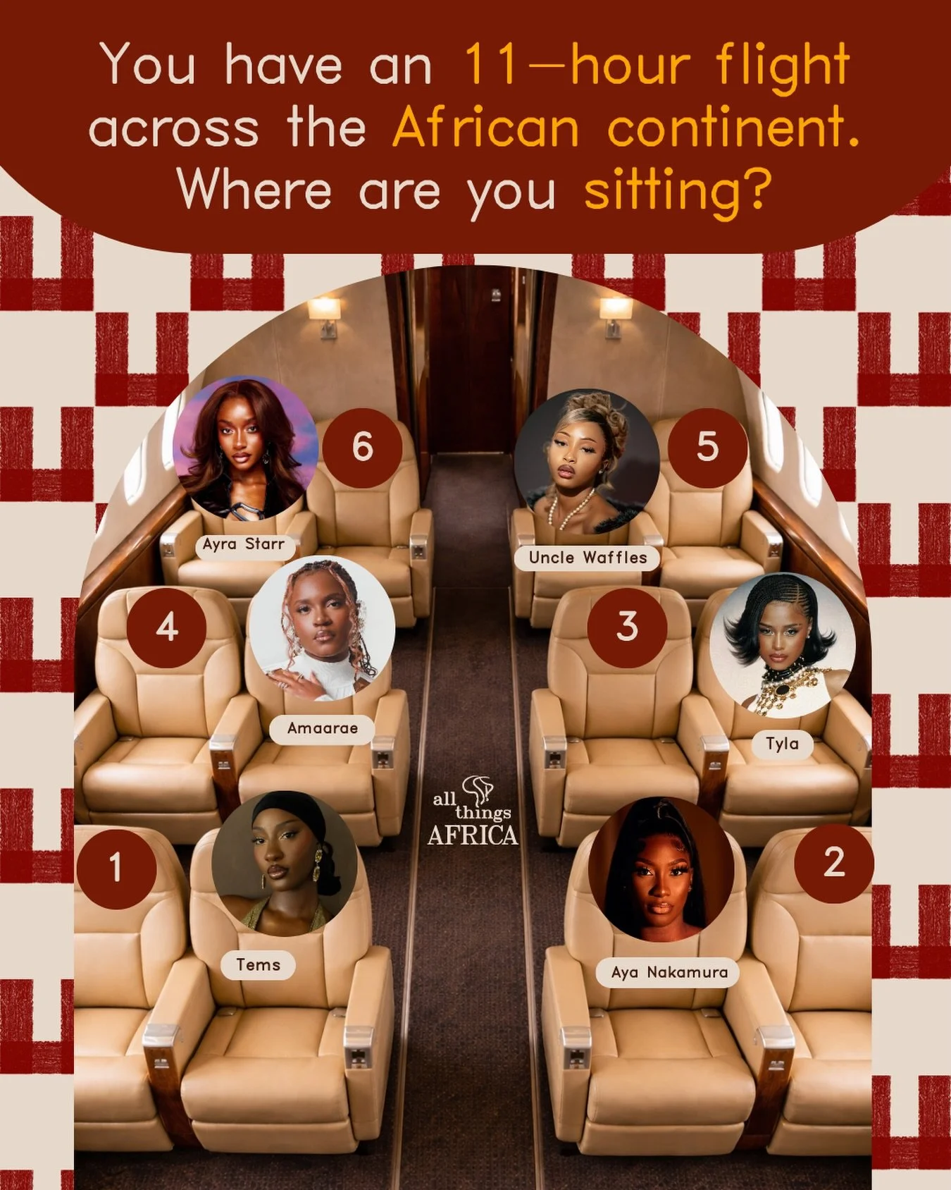 ATA, we are boarding. ✈🏾 🌍

Your 11-hour flight across Africa comes with six female music powerhouses. 🎤🎶

1️⃣ Tems - Grammy winning singer and songwriter (Nigeria) 🇳🇬
2️⃣ Aya Nakamura - Global Francophone pop powerhouse (Mali) 🇲🇱
3️⃣ Tyla - 