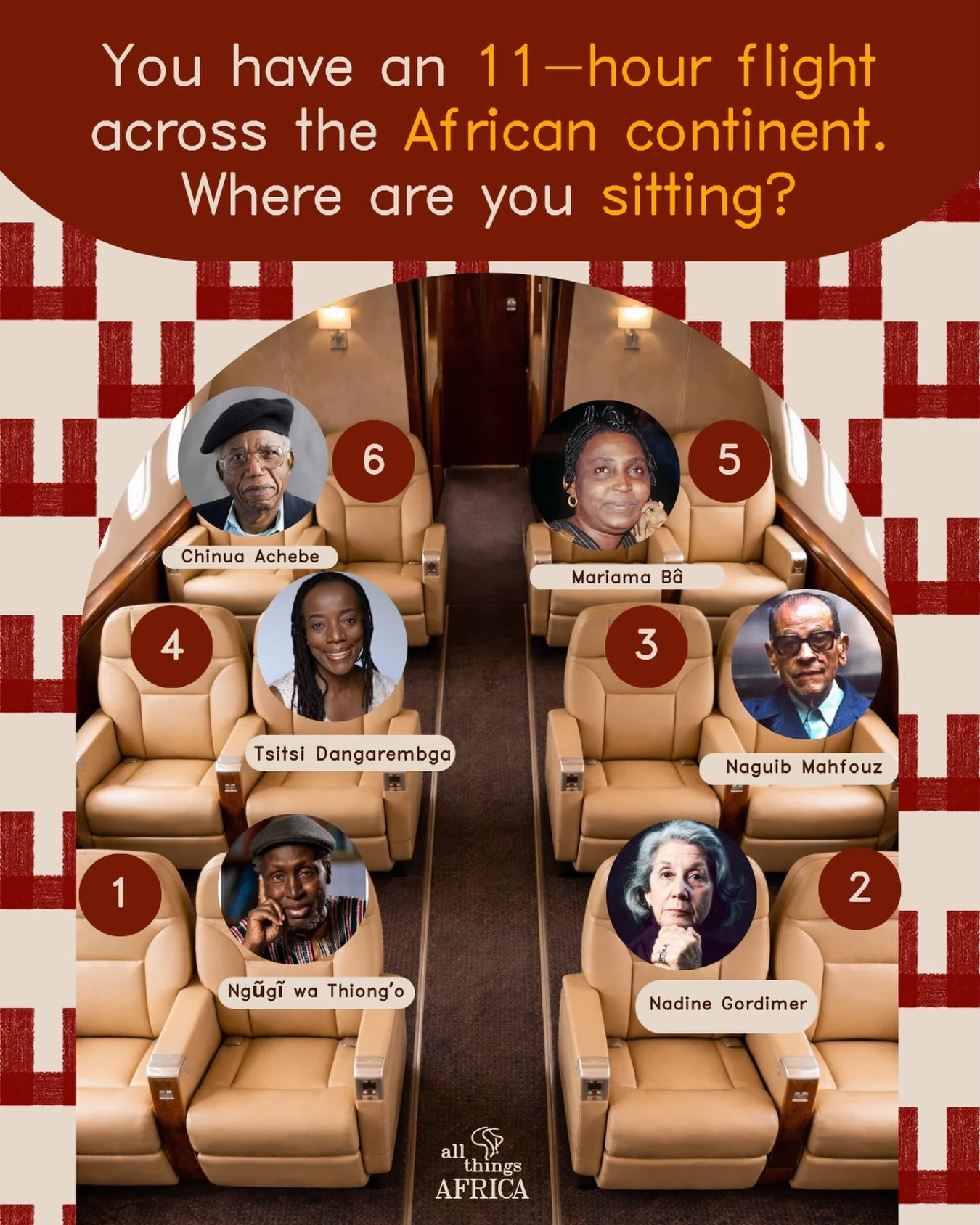 ATA, we are boarding. ✈🏾🌍

Your 11-hour flight across Africa comes with six authors whose words have shaped how we see ourselves and the world. 📚🌍

1️⃣ Ngũgĩ wa Thiong&rsquo;o. Champion of African languages and decolonised literature. Kenya 🇰🇪
