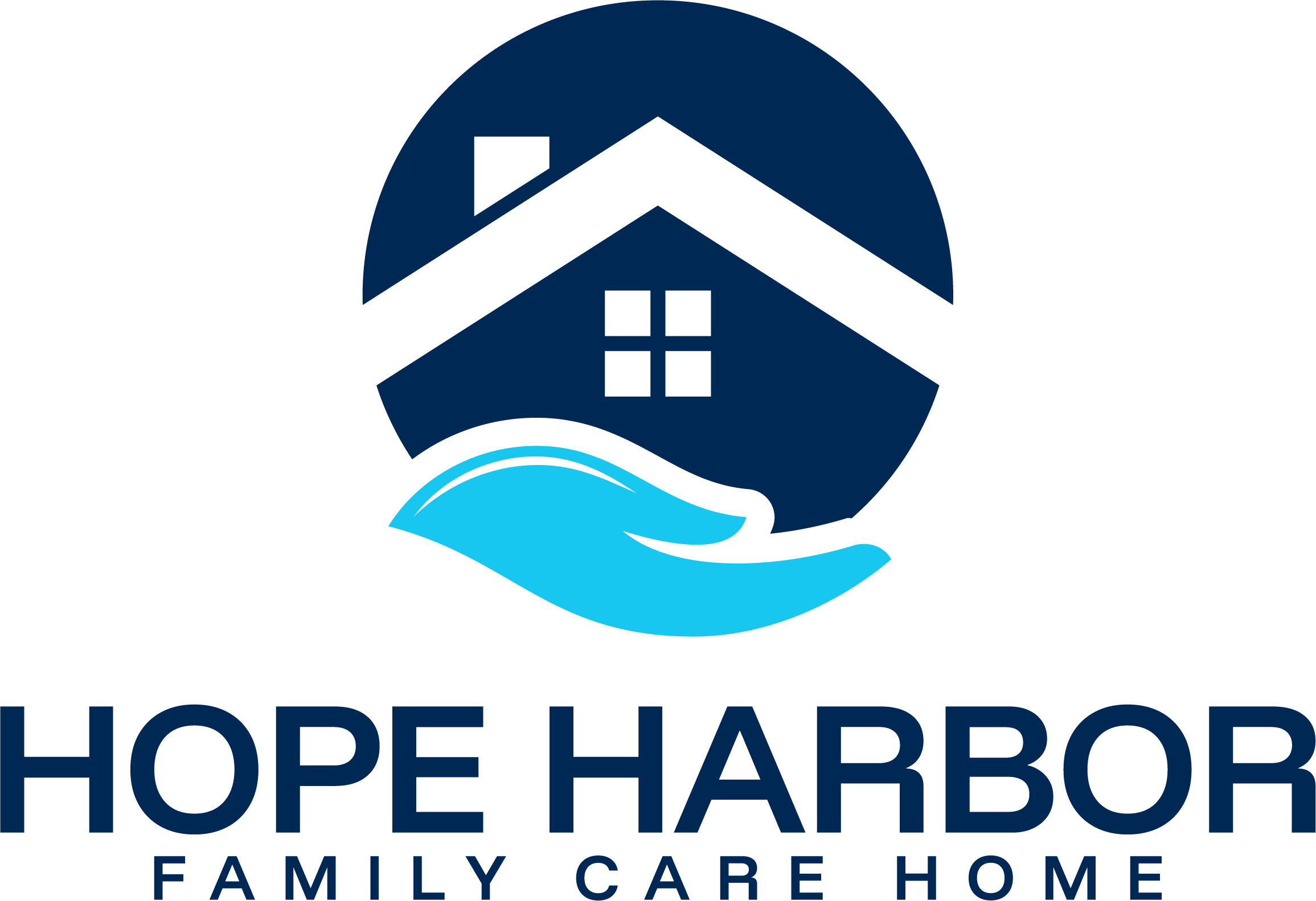 Logo of Hope Harbor Family Care Home depicting a house held in a blue hand with a circular background.