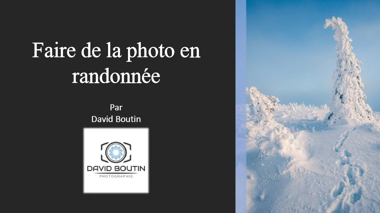 Page de couverture d'un guide de photographie de randonnée avec le titre 'Faire de la photo en randonnée', l'auteur David Boutin, et une image d'un paysage enneigé avec des arbres couverts de neige et des traces dans la neige.