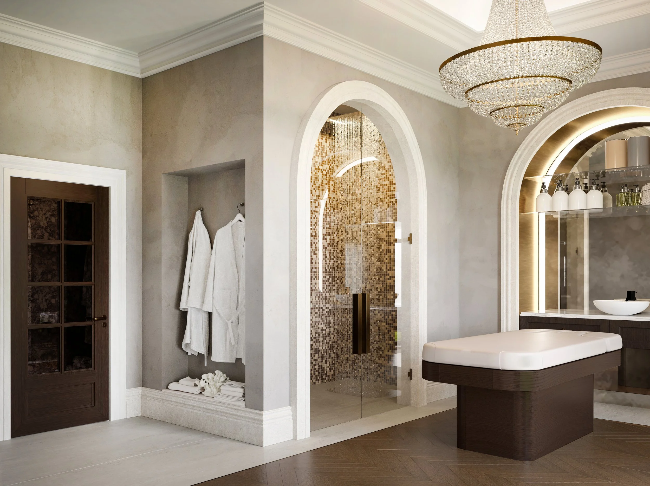 Private massage room with a rain shower. Feature arches, bronze fittings, chevron dark oak floor, arched mirror, luxurious interior design