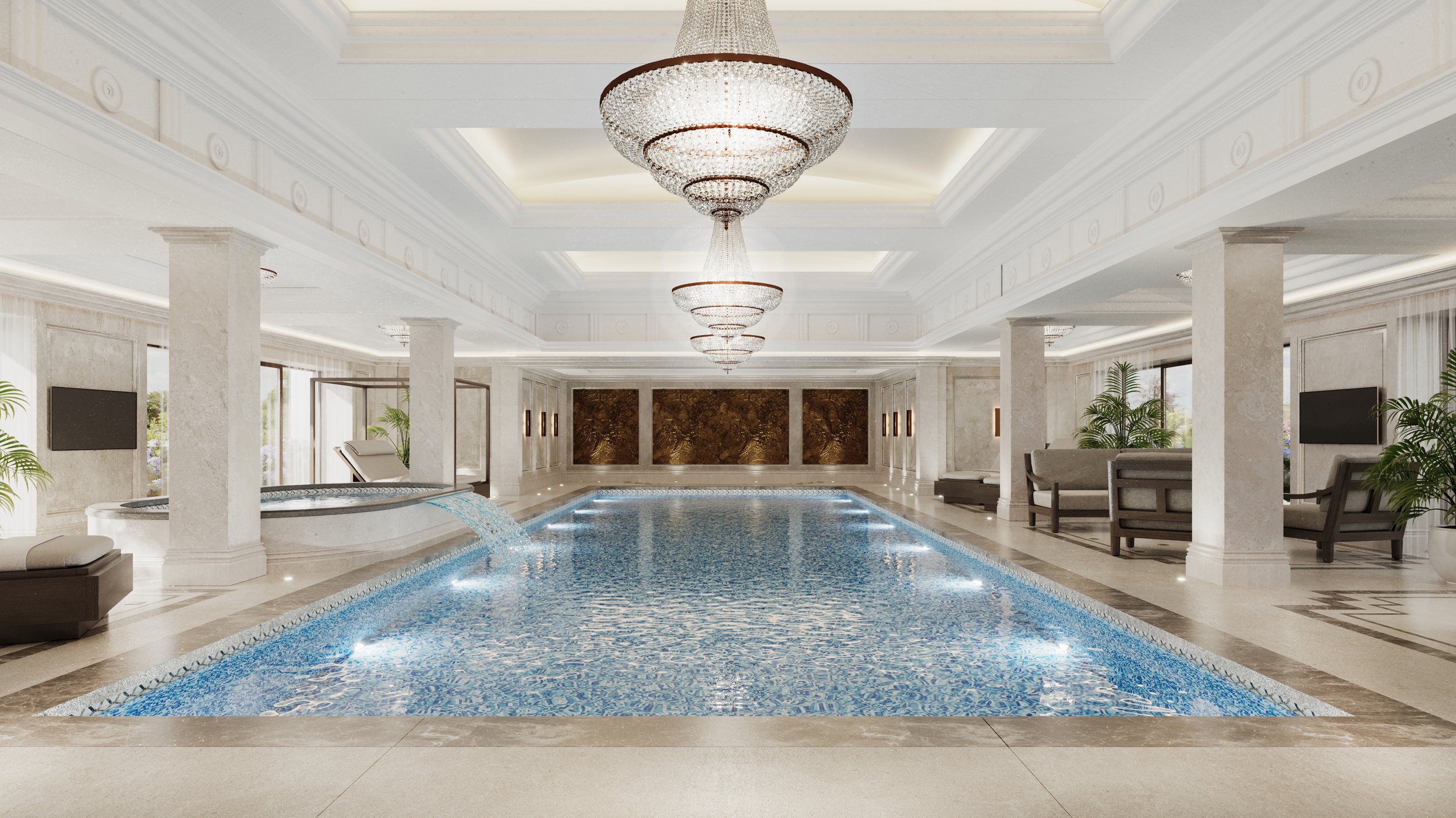 Luxury private indoor pool with feature ceiling cornices, marble floors, bronze feature wall, statement chandeliers, jacuzzi with a water feature, lounging and seating areas