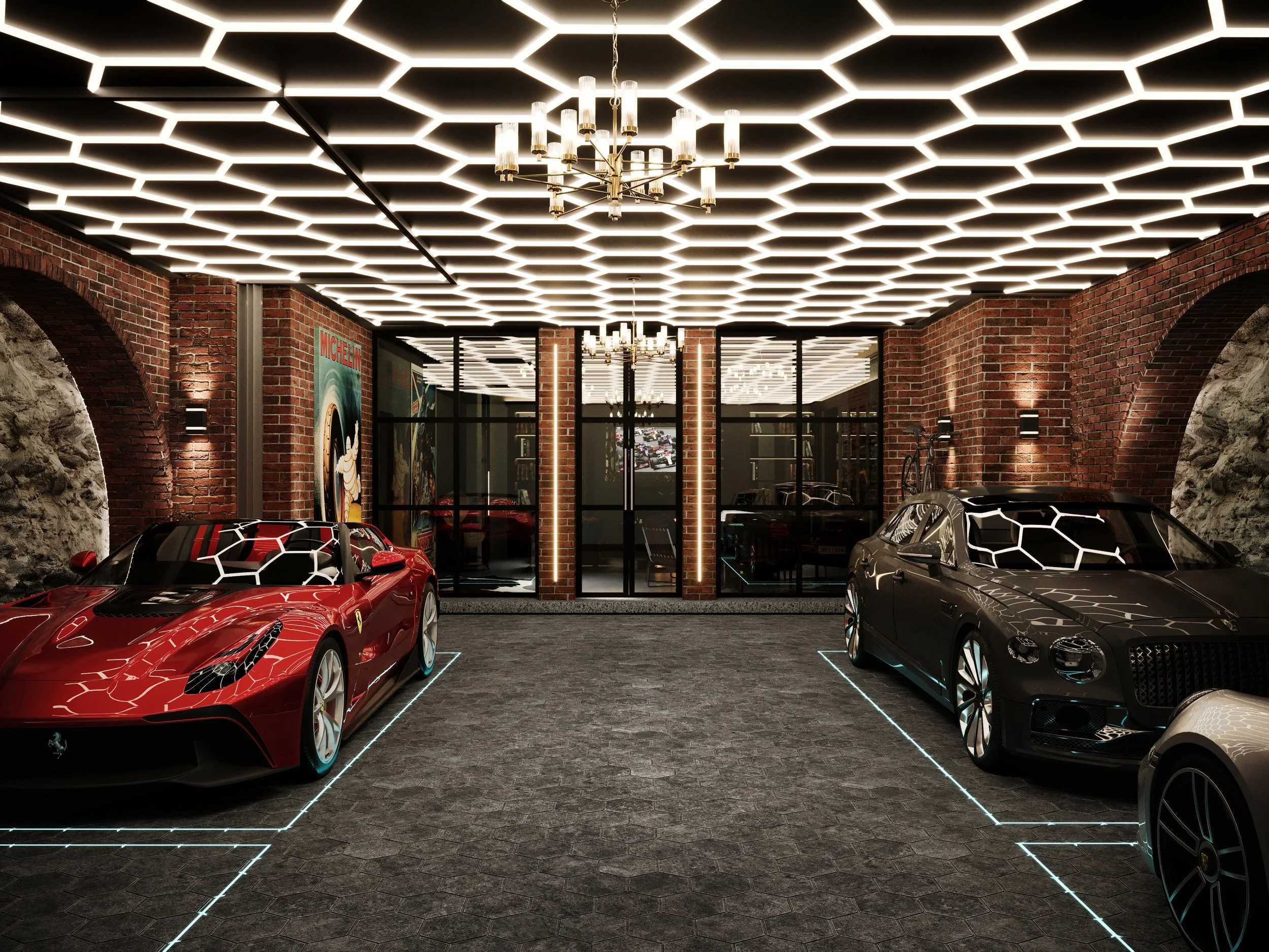 Feature underground super garage with exposed rock set within brick arches, dramatic lighting and a glass wall into a cigar room