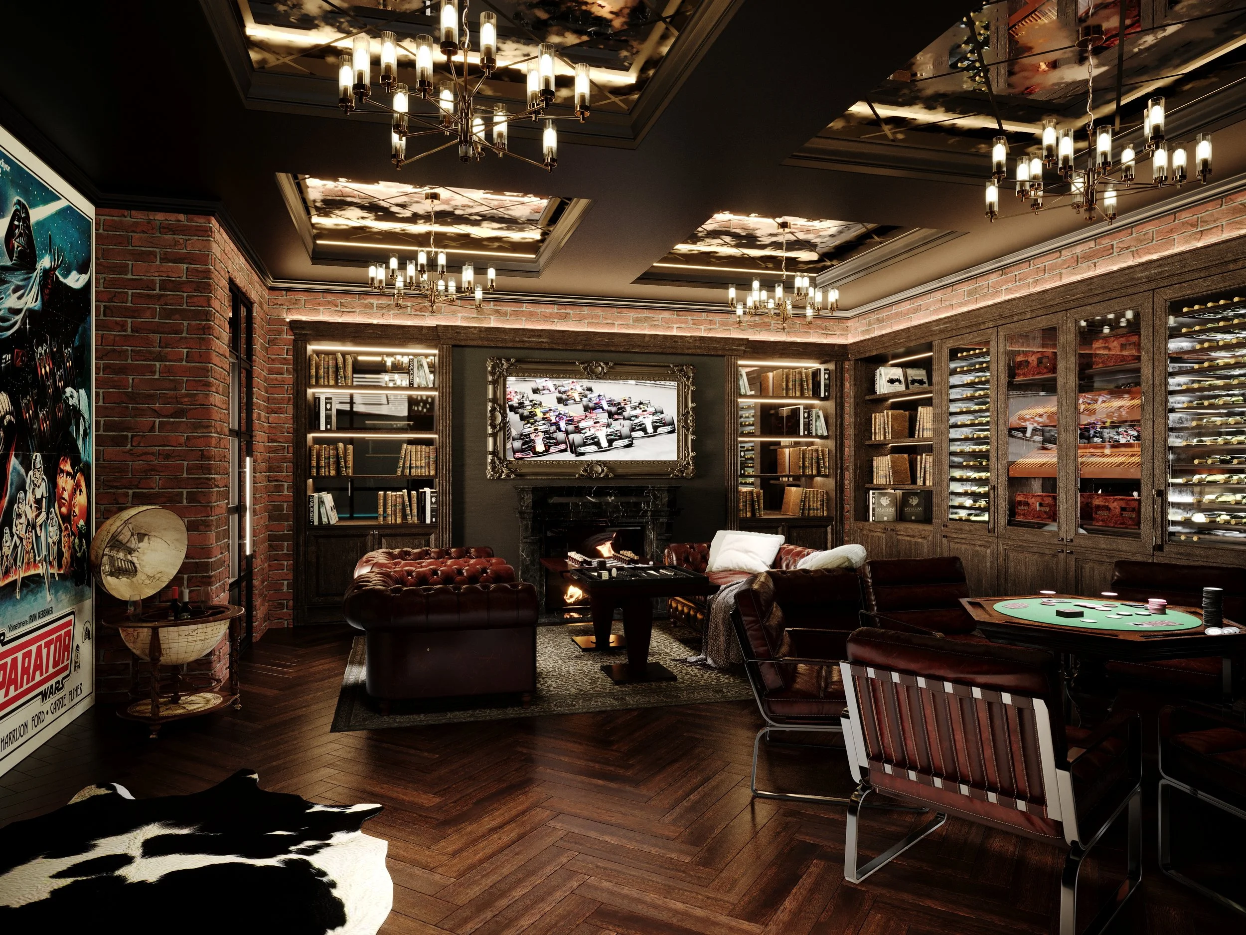 Moody cigar room with a masculine fit out, featuring a built in library, humidors and drinks cabinets. The room boasts feature ceilings with set in mirrors and chandeliers, chesterfield leather sofas and a poker table