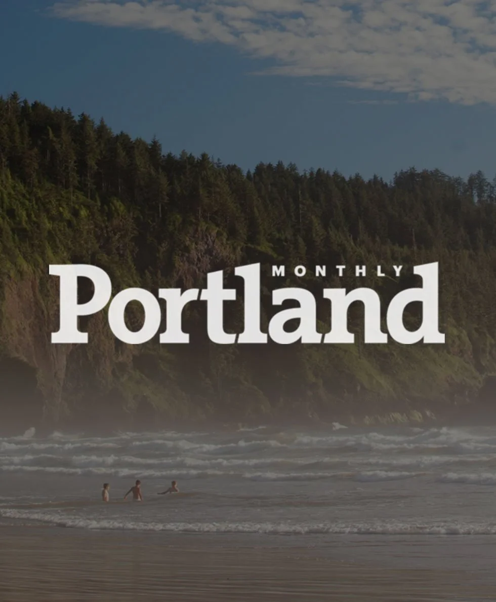 Forest and beach with swimmers, 'Portland Monthly' text overlay.