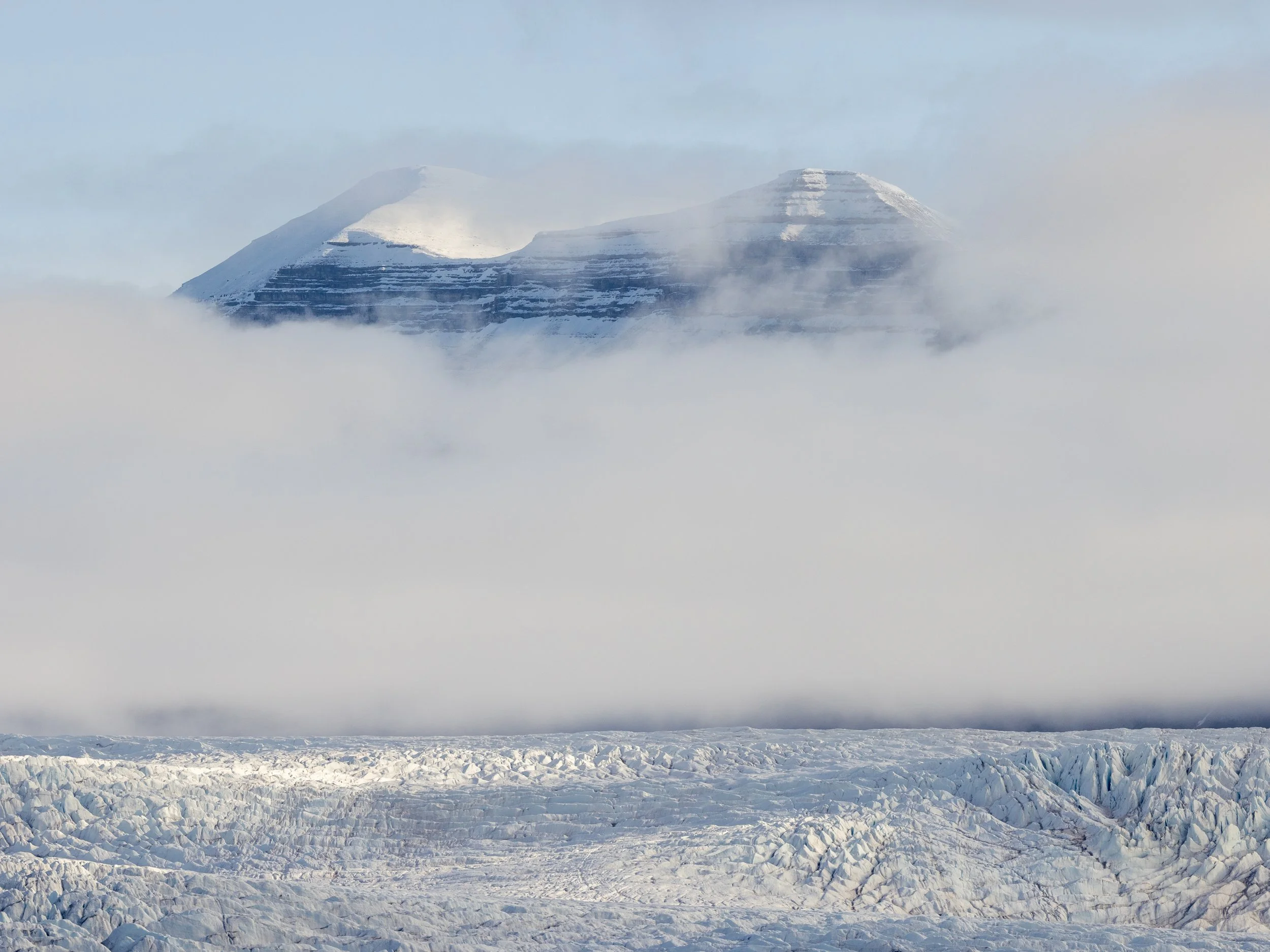 "Nordenskiöldbreen."  Nordenskiöldbreen, the Nordenskiöld Glacier, can be seen in summer from Billefjorden by boat and is frequented not just by tourists and researchers, but also by polar bears, walruses, and seals.  It measures 16 miles long and 6.