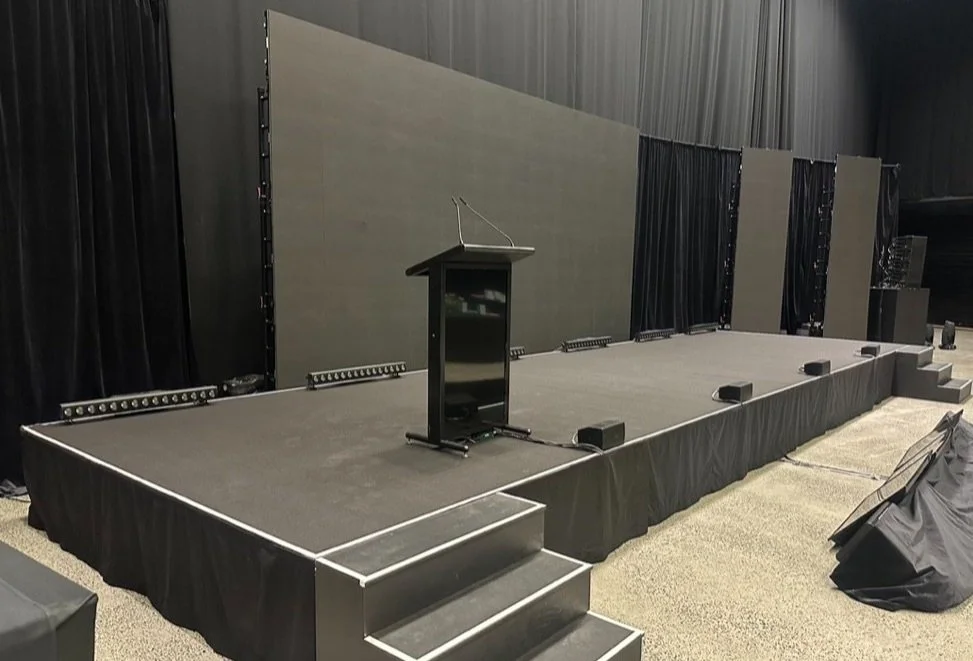 Empty stage with podium and large screens
