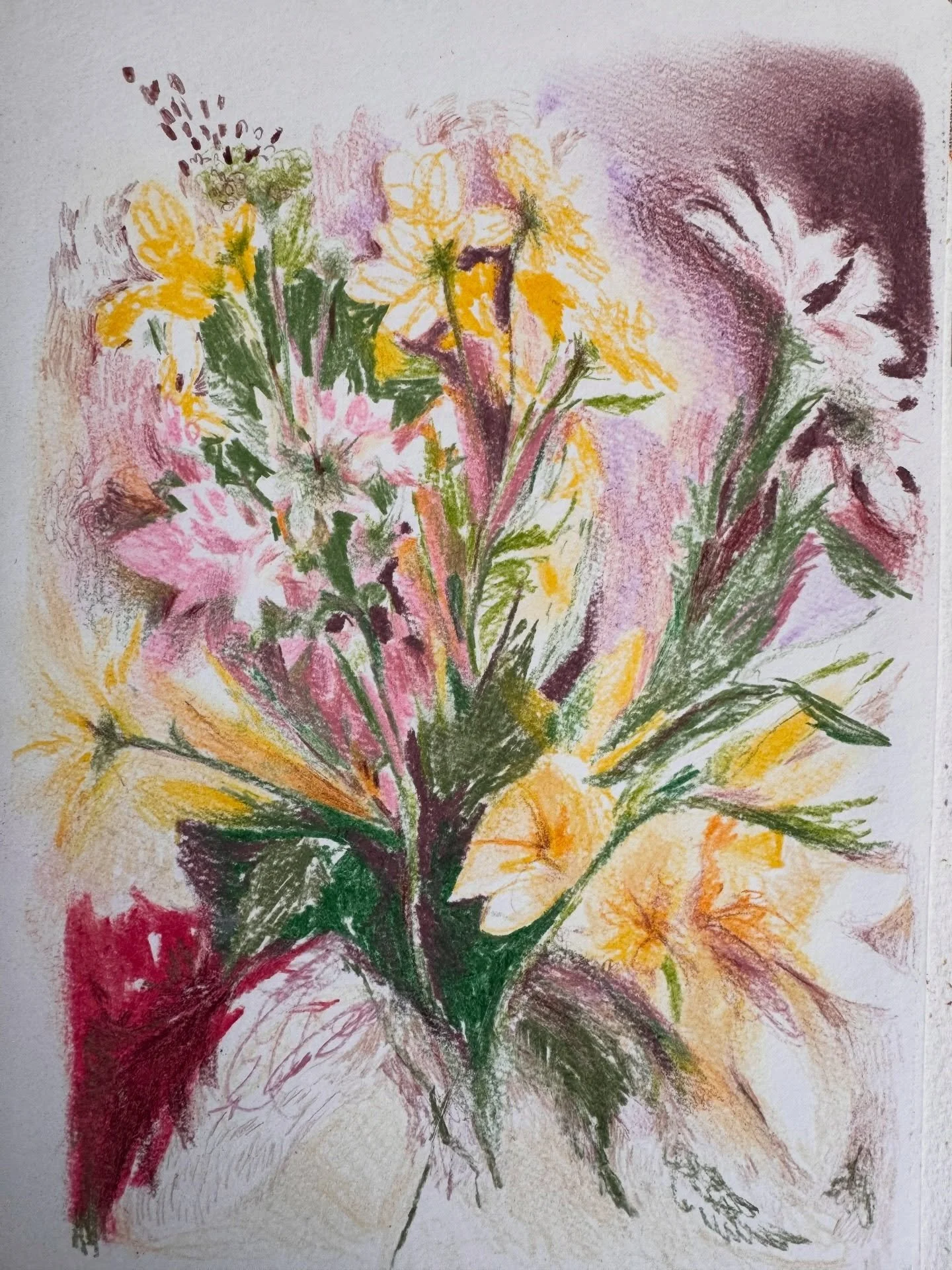 It&rsquo;s spring, there are flowers, and colours, and happiness?? 

Nearing the end of this sketchbook 🌝🫶🏽🌼

#sketch #pastel #mixedmediaartwork #illustration #sketchbook