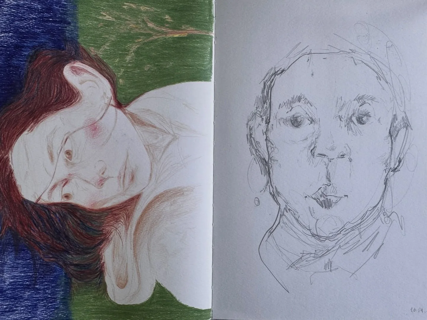 An hour of portrait sketching on the left, 10 minutes on the right. Different days, different moods 

I really enjoyed blocking in the background colours, so therapeutic ✨