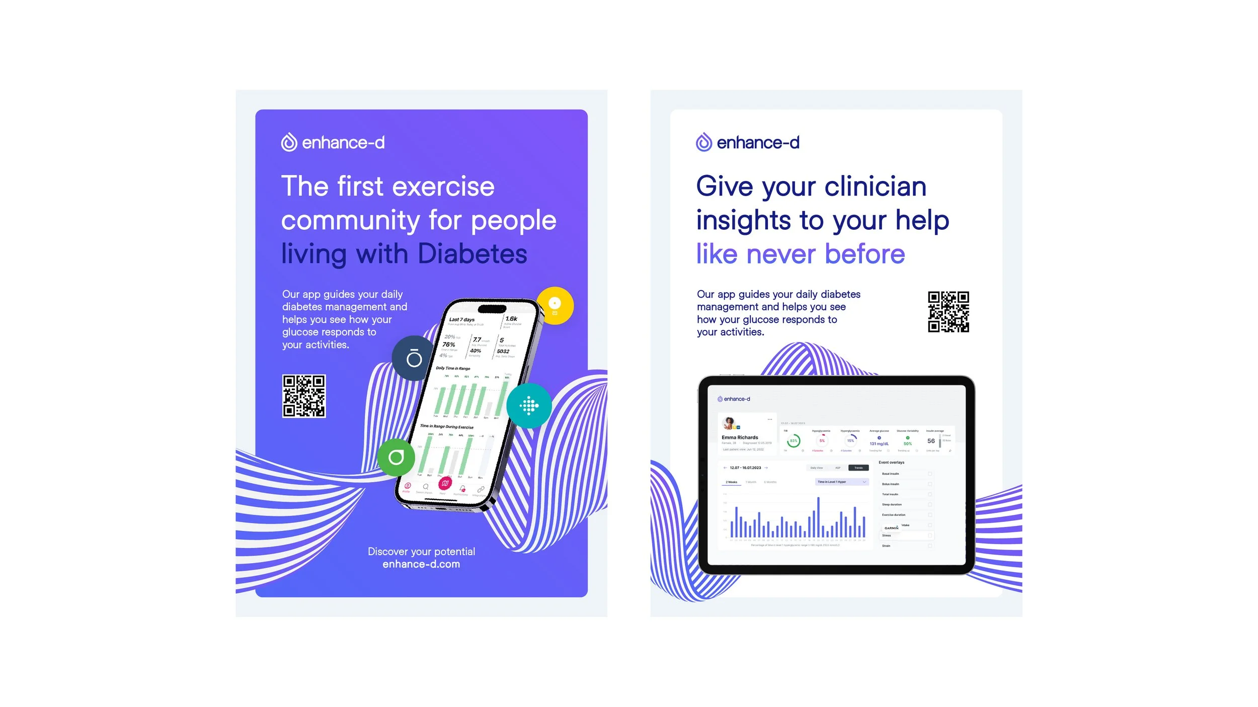 Two promotional flyers for the enhance-d app. The left flyer promotes a diabetes management community, showing a smartphone with app screenshots, text about guiding daily diabetes management, and a QR code. The right flyer highlights providing insigh