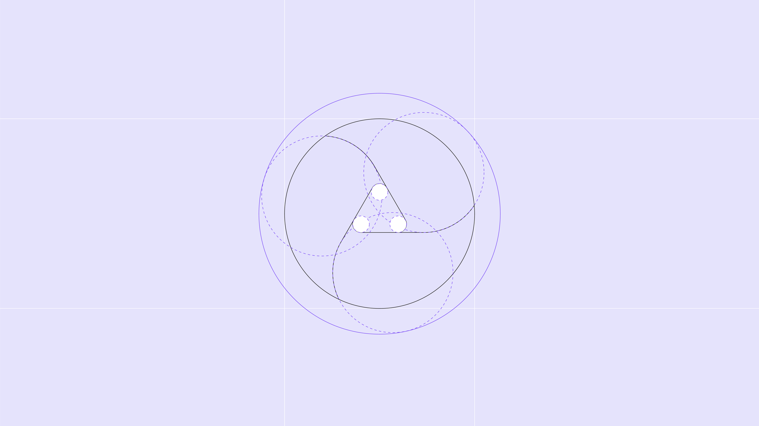 Technical drawing of a mechanical part with circles, lines, and geometric construction elements, on a light purple background.