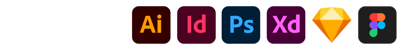 Row of icons representing graphic design and creative software, including Squarespace, Adobe Illustrator, Adobe InDesign, Adobe Photoshop, Adobe XD, Sketch, and Figma.